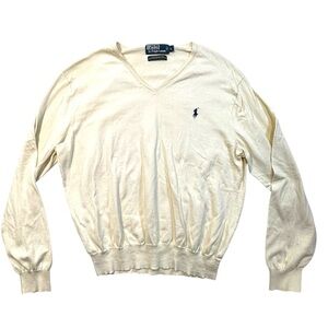 Polo Ralph Lauren Cream Pima Cotton V-Neck Sweater Pony Logo Large